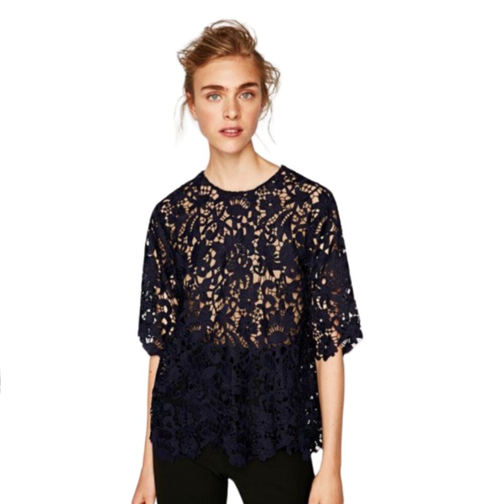 ZARA Lace Top with short sleeves / Navy Blue / Size S